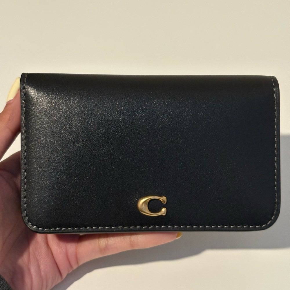 Coach Black Leather Essentials Slim Wallet with Gold Accent